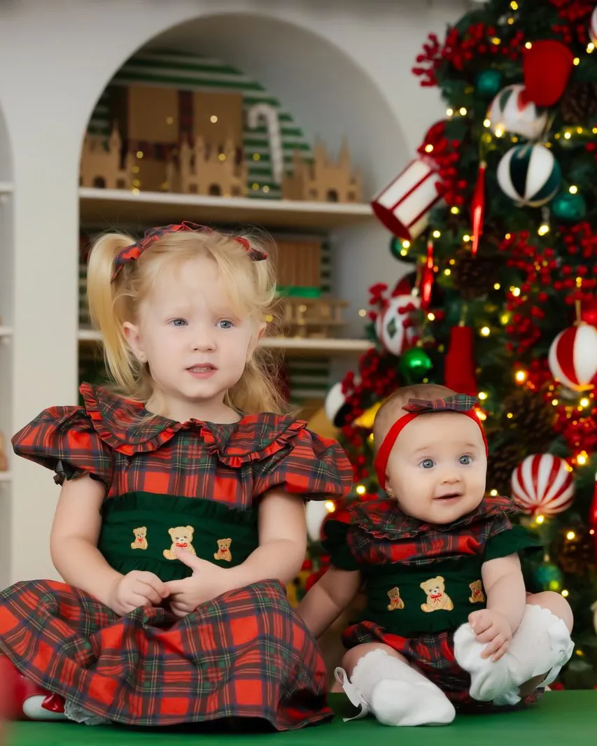 Summer Embroidered Bear Red Green Tartan Plaid Outfit Baby Girl Dress Romper Bow For Birthday Party Holiday Christmas