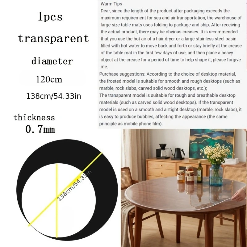 Clear Round Table Mat 120cm 138cm PVC Waterproof Circular Tablecloth Soft Glass Desk Protector Transparent Film Anti-Scratch Pad