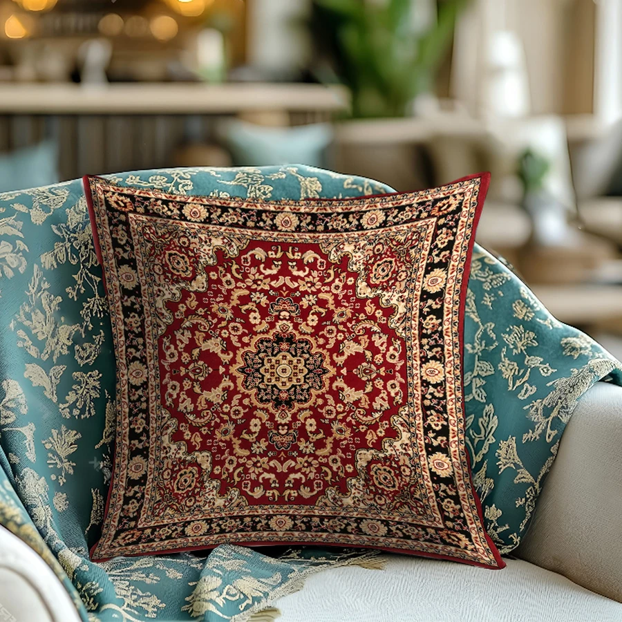 1PC Digital Print Pillow Cover Cushion Cover Bohemian Red Gold Floral Mandala Pattern Tribal Decorative Throw Pillow Case