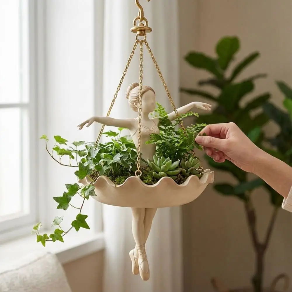 Resin Ballet Dancer Hanging Planter Elegant Ballerina Figure Whimsical Fairy Flower Pot Weather Resistant Hand Carved