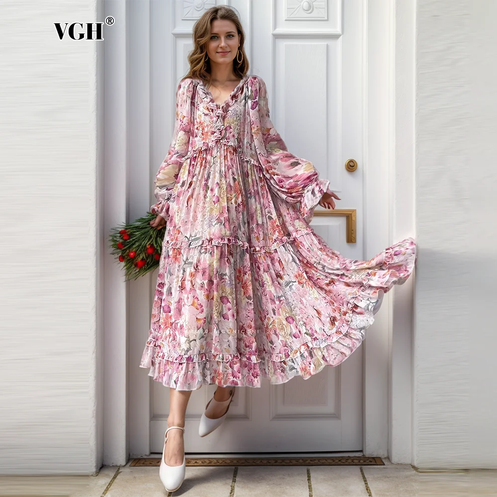 

VGH Colorblack Floral Printing Elegant Dresses For Women V Neck Lantern Sleeve High Waist Loose Romantic Long Dress Female New