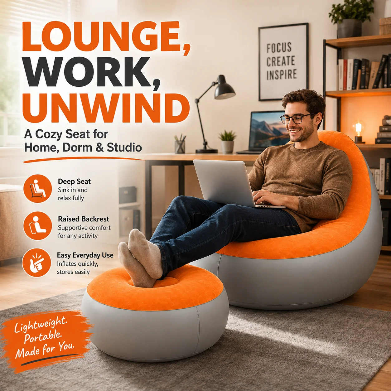 1PC Inflatable Sofa Chair Set with Flocked Air Lounge Chair, Portable Floor Seat Thickened PVC Backrest Sofa Bed for Home