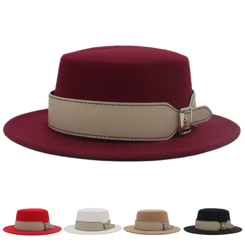 

Felt Flat Top Fedora Hat with Belt – Minimalist French Style Flat Brim Hat for Men and Women, Autumn Winter Commuter Look