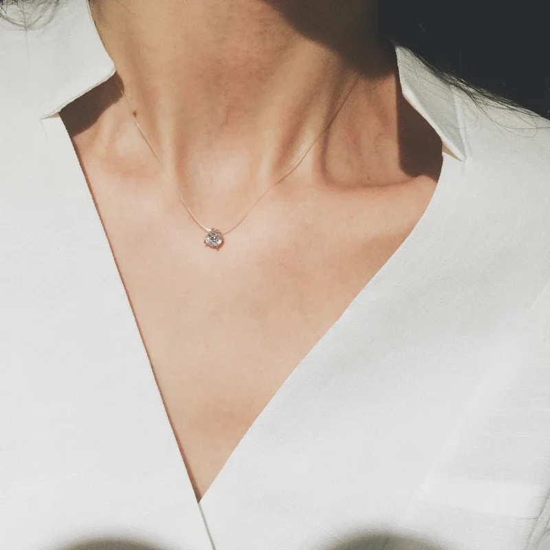 Andara 1ct Moissanite Diamond S925 Sterling Silver Invisible Transparent Fishing Line Clavicle Chain Necklace Women\'s Jewelry