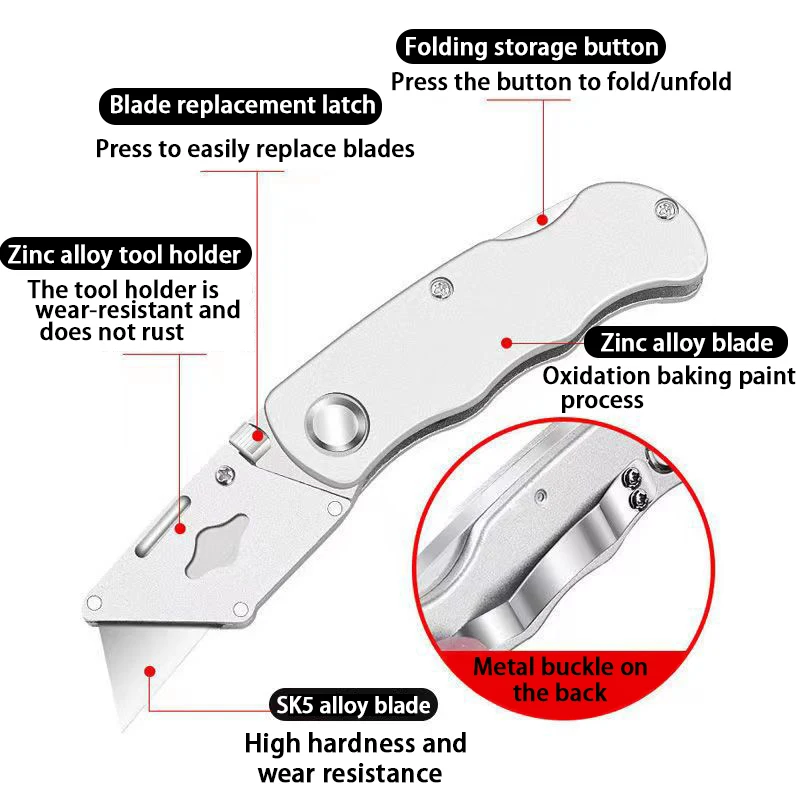 Utility Knife Folding Knife Aluminum Plastic Handle Pocket Cable Cutter Heavy Duty Cut Carpet Knife Blade With Lock Portable Set