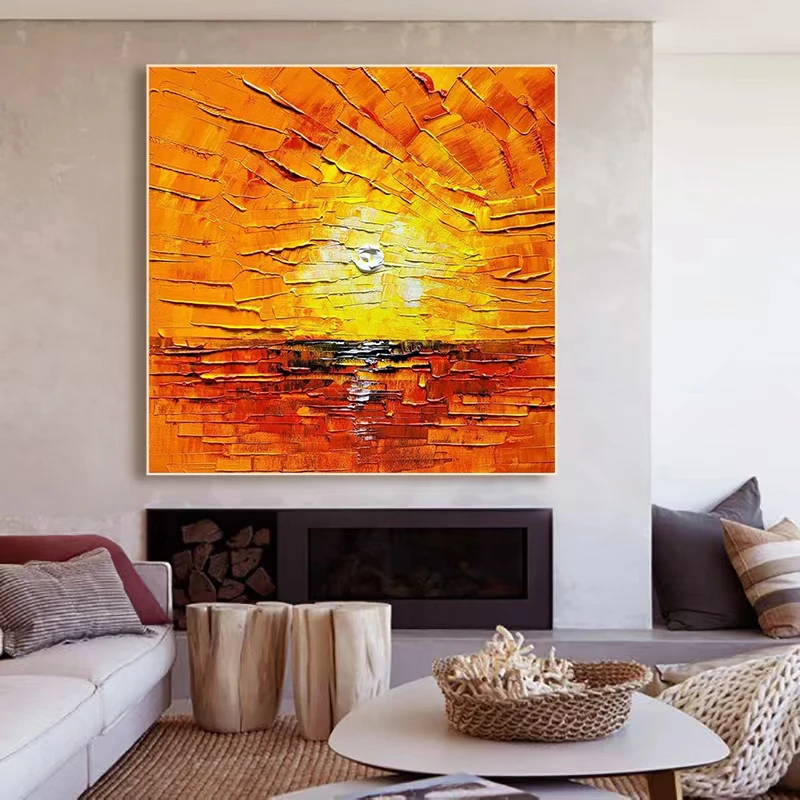 

Customizable Original Handpainted Thick Texture Abstract Oil Painting in Sunrise Orange-red, Suitable for Living Room Decoration