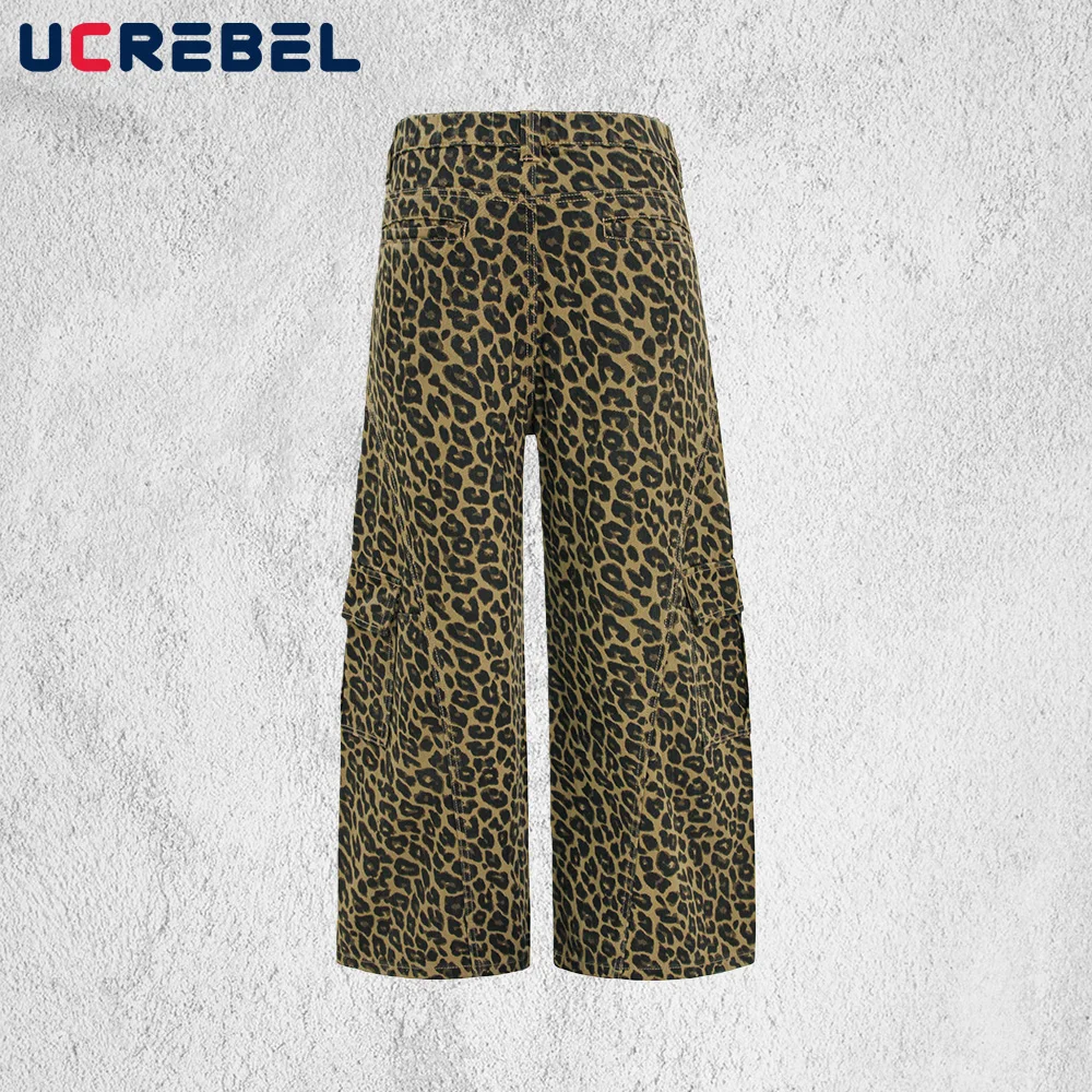 ليوبارد طباعة البضائع السراويل الرجال تقسم متعددة جيب الرجعية شارع العليا فضفاض مستقيم واسعة الساق بنطلون رجل #2