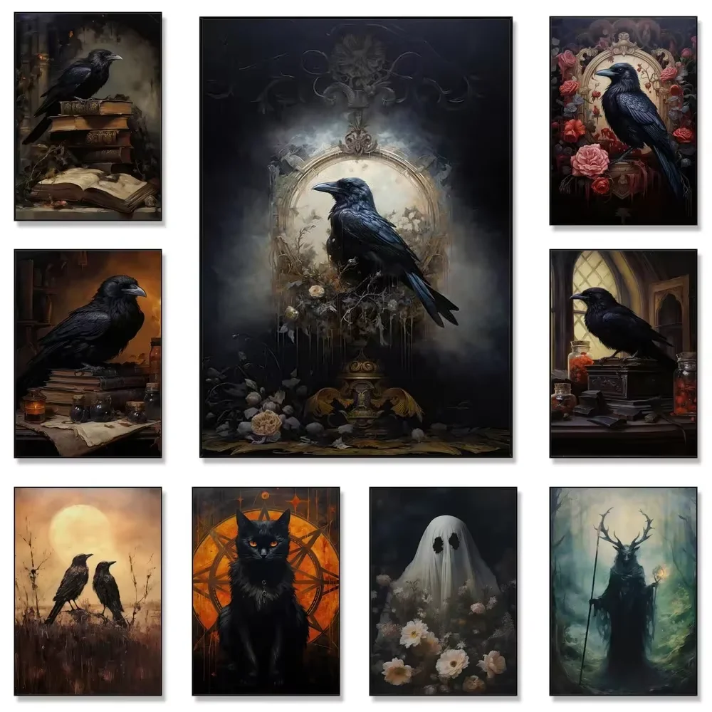 Pintura Diamante Gótica Vitoriana Arte Fina Gato Preto Corvo Vintage Oculto Escuridão Bruxaria Decoração de Parede para Quarto