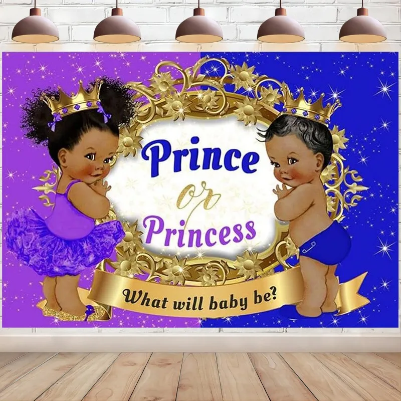 Prince or Princess Gender Reveal Backdrop Boy or Girl Baby Shower Party Decoration Blue or Purple Golden Crown Photo Background