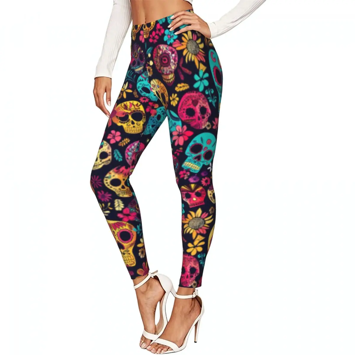 Mexican Skulls And Flowers Women Leggings High Waisted Stretch Tights Workout Running Pants