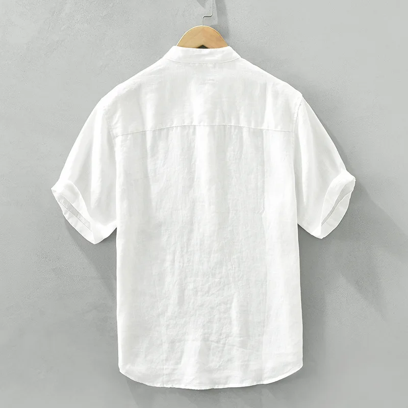 3708 Fresh Color-Block Stand Collar 100% Linen Shirt Men Casual ArtisticnLoose Thin Breathable Short-Sleeved Blouse Tops Male