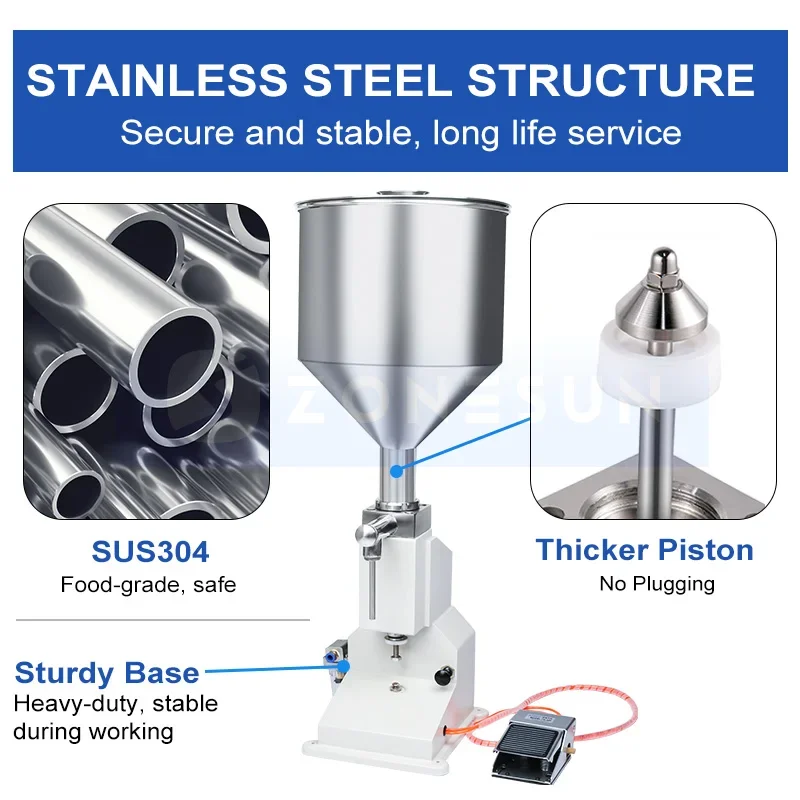 ZONESUN Paste Filling Machine ZS-A02 Pneumatic Honey Tomato Sauce Adjustable Bottle Jar Filler Stainless Steel
