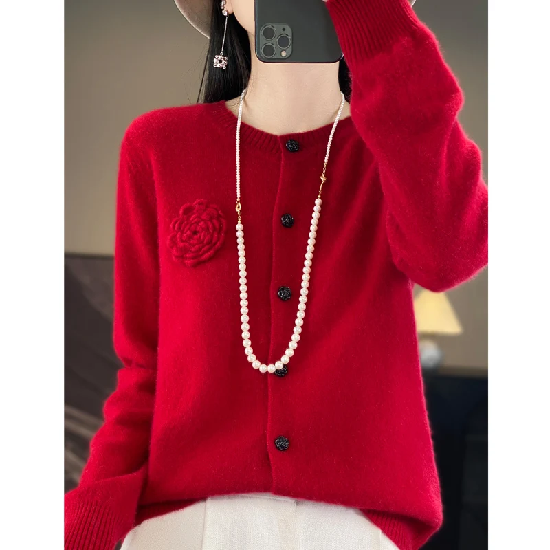 Heavy Industry three-dimensional cardigan flower round neck 100% Merino wool sweater new temperament red sweater coat