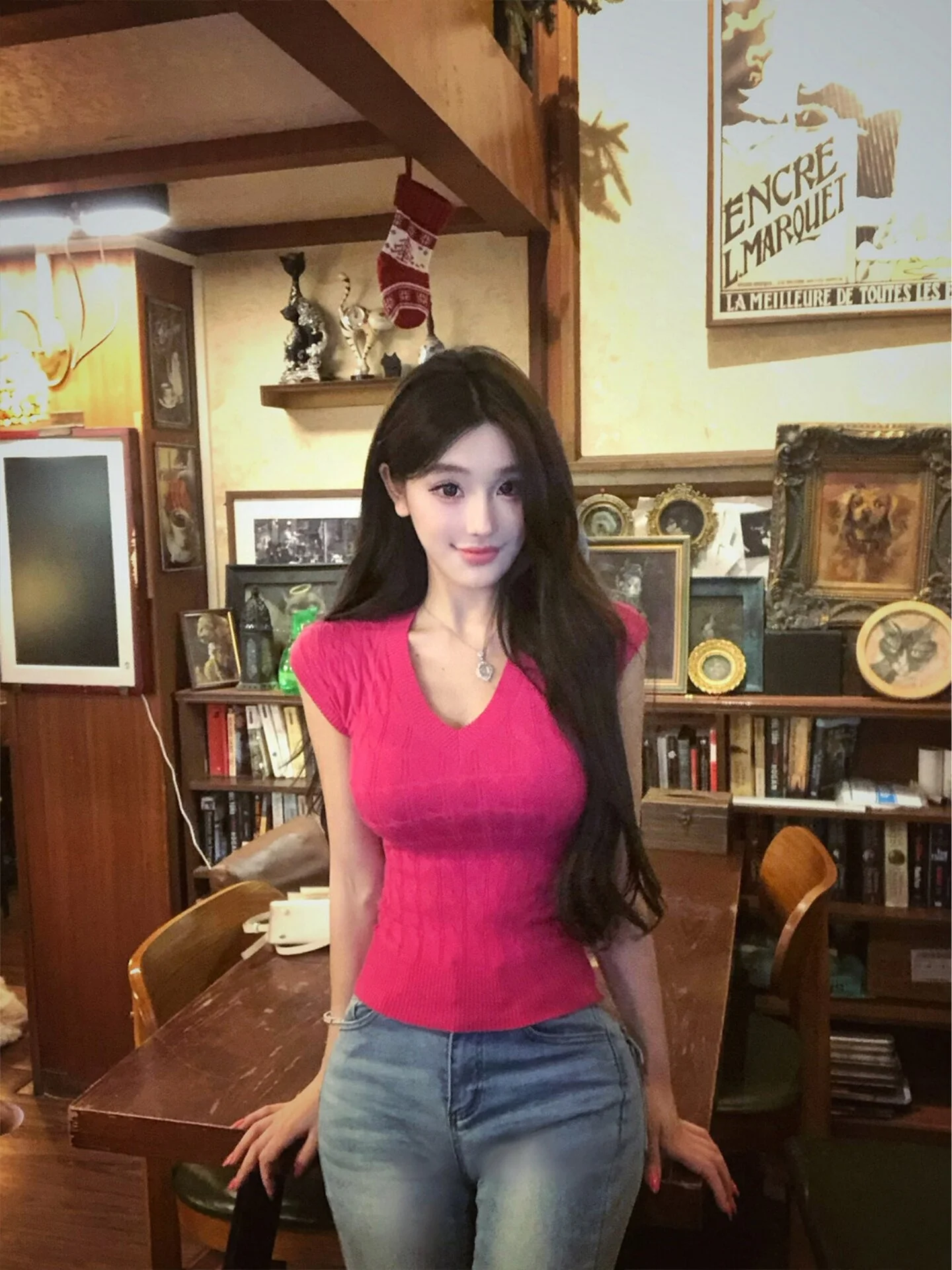 

Slim Fit Knitted Short Sleeve V-Neck T-Shirt Women's Summer Waist-Cinching Elegant Lady Maturity Beautiful Small Top