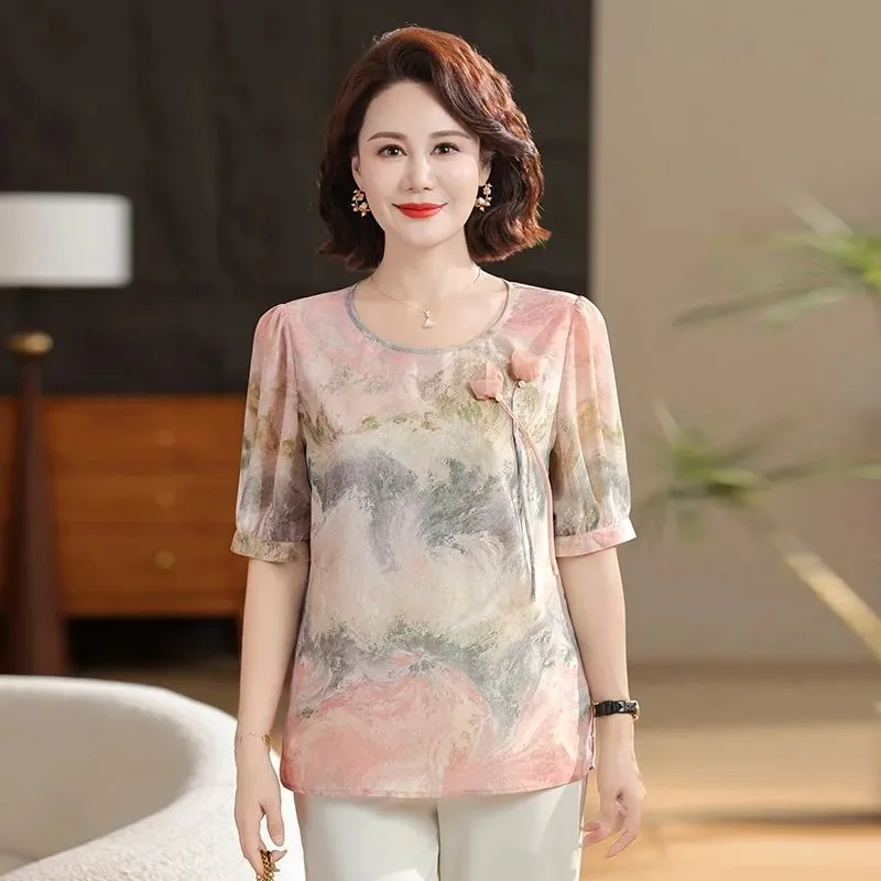 

Women's Chinese Style Round Neck Blouse Half Sleeve Watercolor Pattern Frog Button Elegant Top for Daily