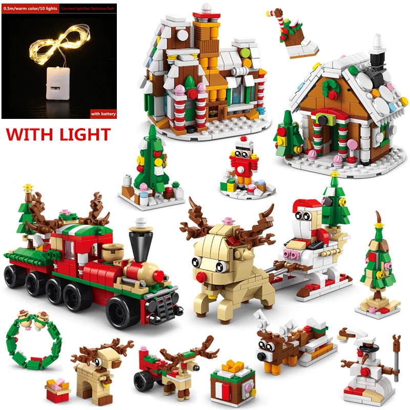 Upgraded Christmas Series Building Blocks Set With Warm Light Creative Elk Train House DIY Bricks Model Toys For Kids Xmas Gifts