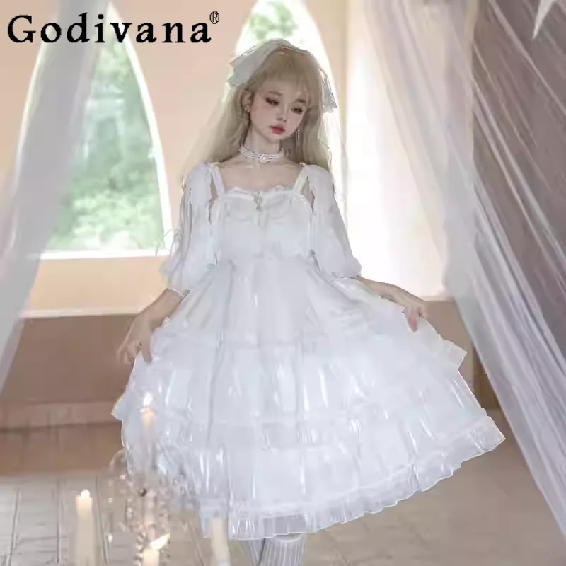 

Spring Summer New Lolita Jsk Elegant Slash Neck White Suspender Dress Fashion High Waist A-line Age-reducing Princess Dresses