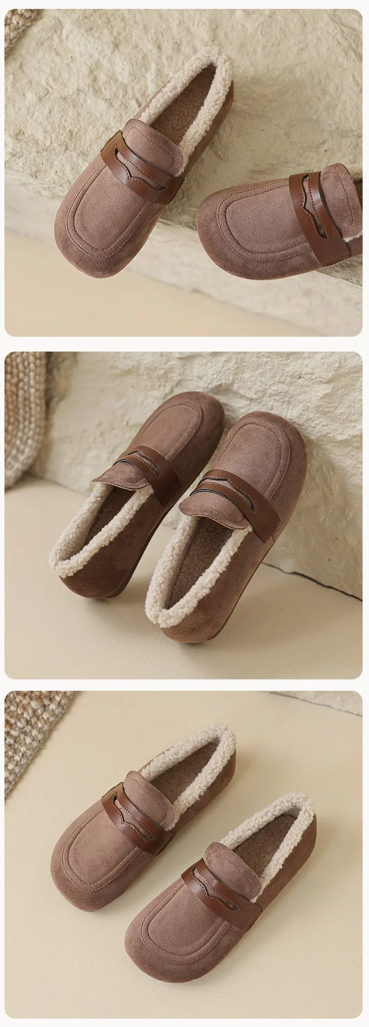 Lässige Flache Schuhe aus Lammwolle für Damen, Schuhe mit Obermaterial aus Flock, Winter-Loafer mit breiter, quadratischer Zehenpartie, Pelz-Mokasins für Damen, mit Baumwollfutter, Schafsfell-Stiefel – Detail 14
