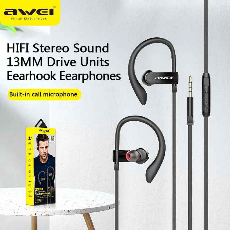 Awei ES-180i 3.5mm In-Ear Wired Headphones With Mic Control Gaming Earbuds Sports Headset Earhook Wired Earphones For Cellphone