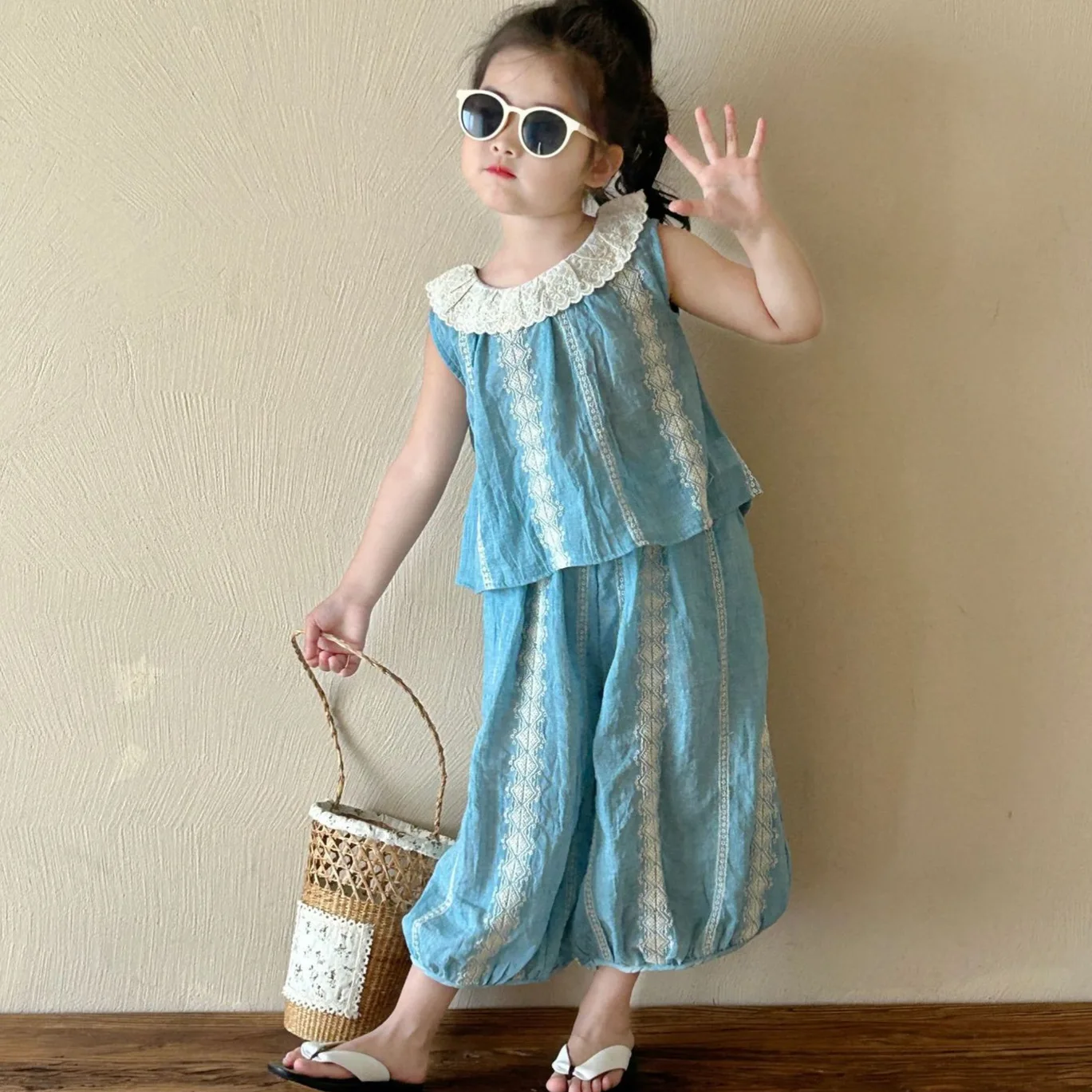 Girls Two-piece Set 2024 Summer New Children Korean Style Girl Doll Shirt 7 Minutes Bloomers Two-piece Fashion Casual Simple