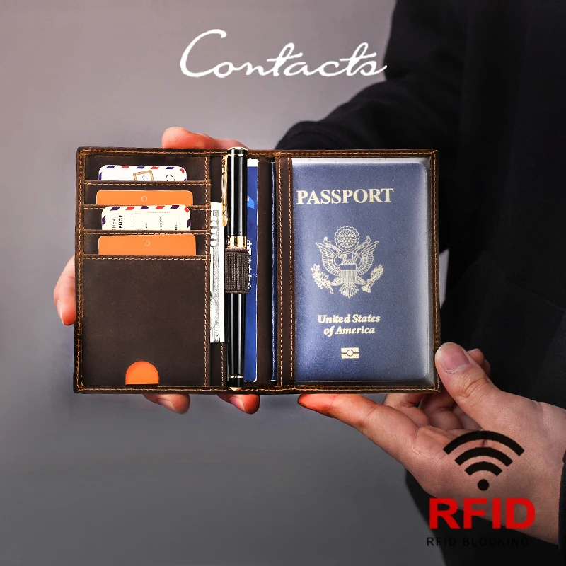 

CONTACTS Retro Leather Passport Wallet Men Travel RFID Quantity Card Holder Unisex Family Gift Storage Passport Cover