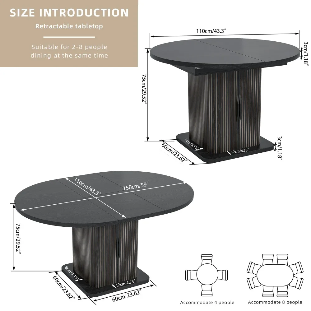 Extendable Black Round Conference Table for 4-8 People, 43-59Inch