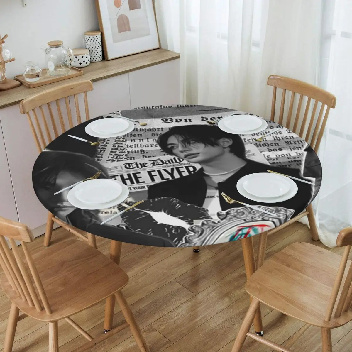 Hyunjin Collage Waterproof Round Tablecloth Oilproof Table Cloth for Kitchen Events Dining Table Cover