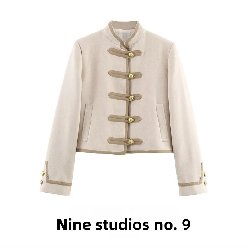 

Женская повседневная куртка NINE ZAR с длинными рукавами, подплечниками и декоративными узлами, европейский стиль, осеннее пальто