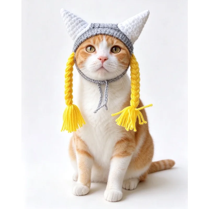 Handmade Solid Viking Devil Horn Pet Hat Custom Crochet Braided Pigtails Dog Cat Caps Casual Cosplay Funny Kawaii Pet Costume