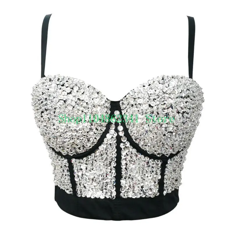 

5asd Women Glitter Sequins Beaded Bustier Bra Rave Festival Jewelry Push Up Corset Camisole Night Club Bralette