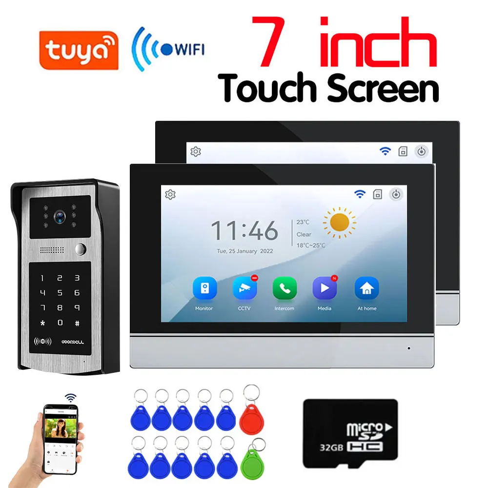Tuya Wifi 2pcs 7 Inch Touch Screen Video Intercom Kit for Family HD Video DoorPhone Password / APP Unlock Doorbell Camera