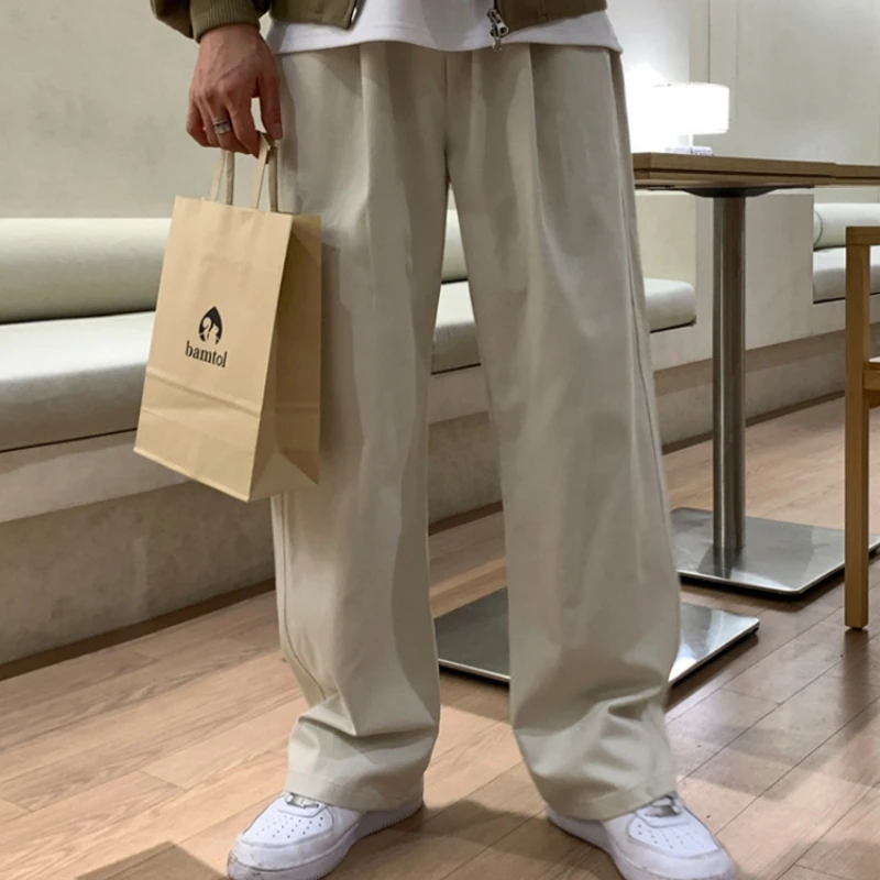 Men's Spring Summer Casual Pants Straight Leg Loose Wide Leg Trousers Korean Clean Fit Drawstring Elastic Waist