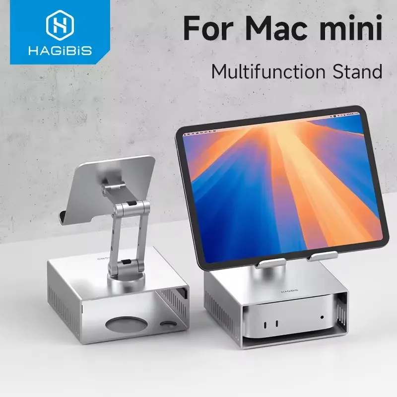 Tablet Stand for Mac mini M4/M4 Pro, Mac mini M4 Stand Storage Metal Desktop Holder, Adjustable Foldable Multifunction Bracket