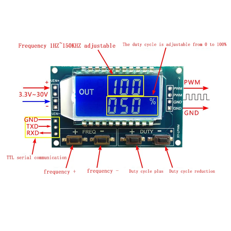 Generatore di segnale 1Hz-150Khz Modulo scheda PWM Frequenza degli impulsi Ciclo di lavoro Modulo regolabile Display LCD 3.3V-30V 1Hz - 150Khz