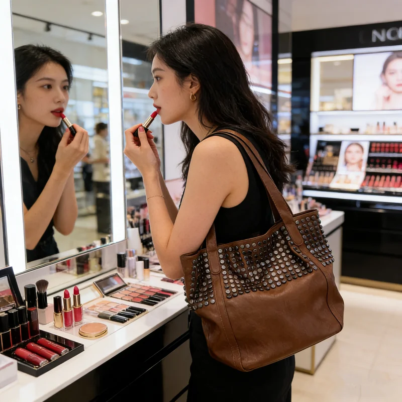 

Vintage Rivet Decor Women Shoulder Bag High Quality Soft PU Leather Large Capacity Tote Bag