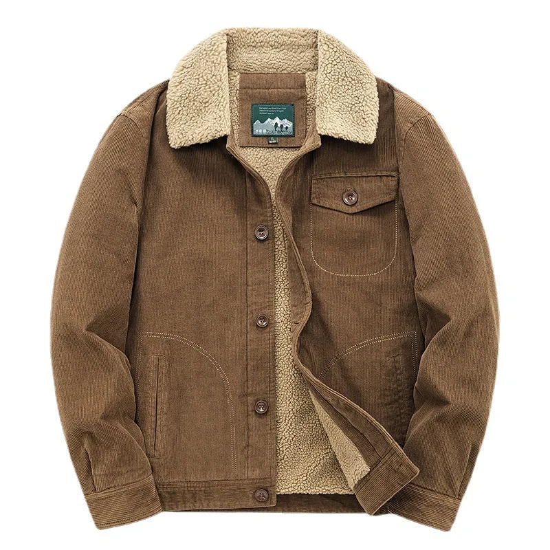 Men's Sheepskin Coat Autumn Winter Thickened Cotton-Padded Casual Workwear Retro Corduroy Jacket for Men