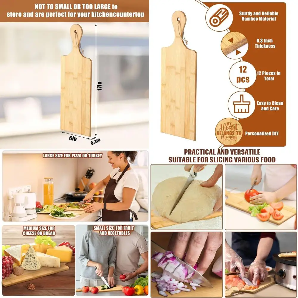 

Large Bamboo Chopping Boards Set, 12 Pack with Handles, 17x6 Inch, Ideal for Kitchen Prep and Serving