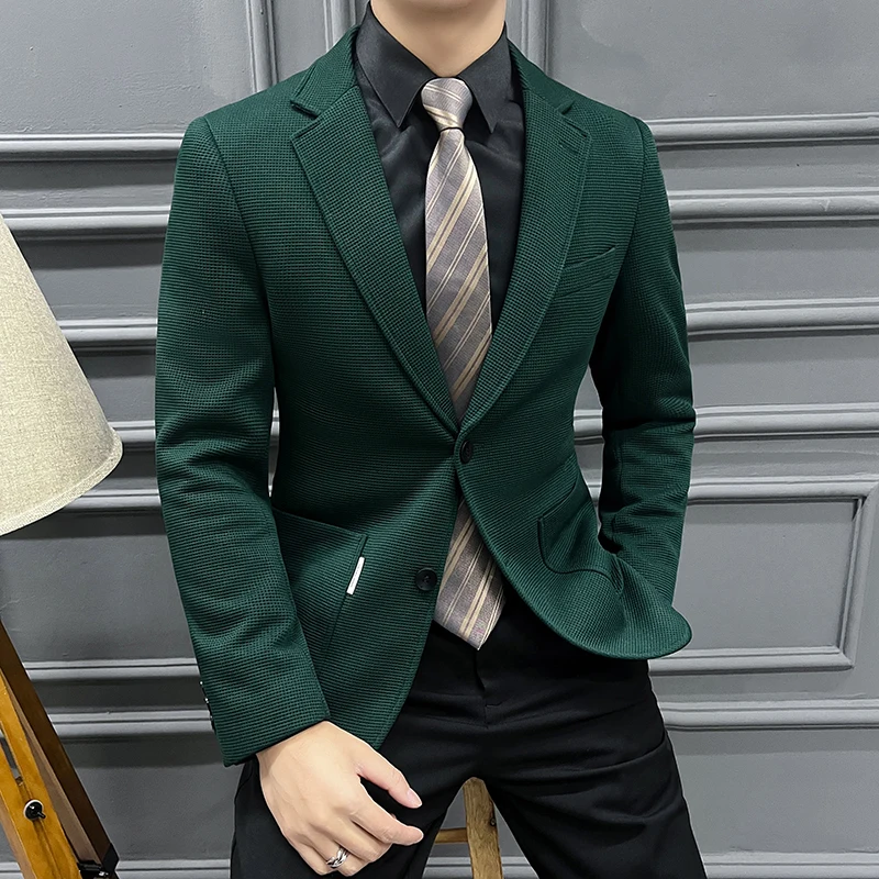 2024 High quality fashion handsome spring and autumn hot sell Waffle suit men\'s senior sense plaid suit green coat