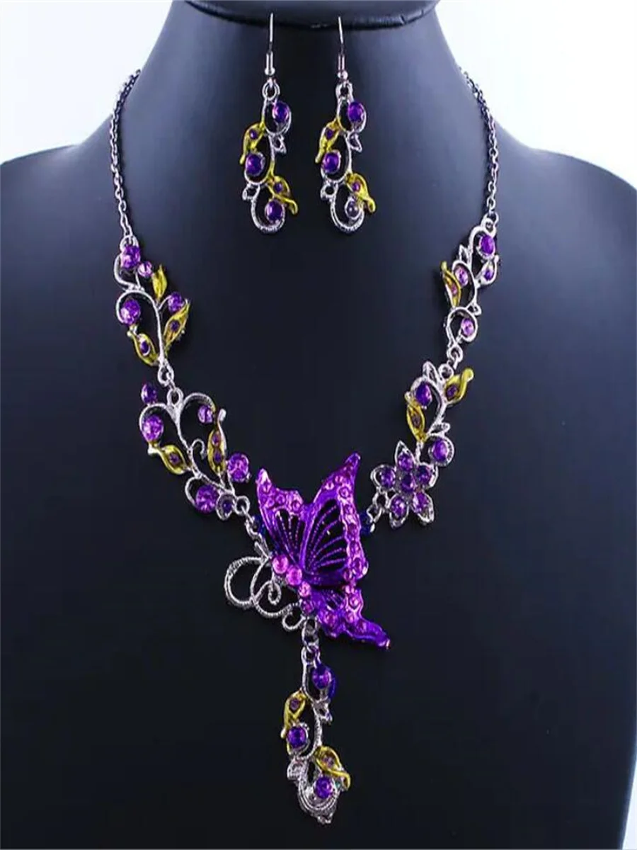 High-grade alloy jewelry accessories Butterfly national color earrings necklace set for woman