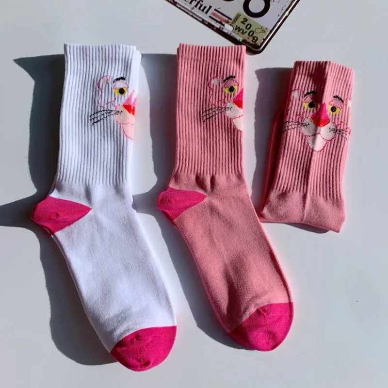 Panthère rose femmes coton chaussettes mignon respirant Harajuku chaussettes japonais coréen dessin animé broderie fille bas décontractés cadeaux