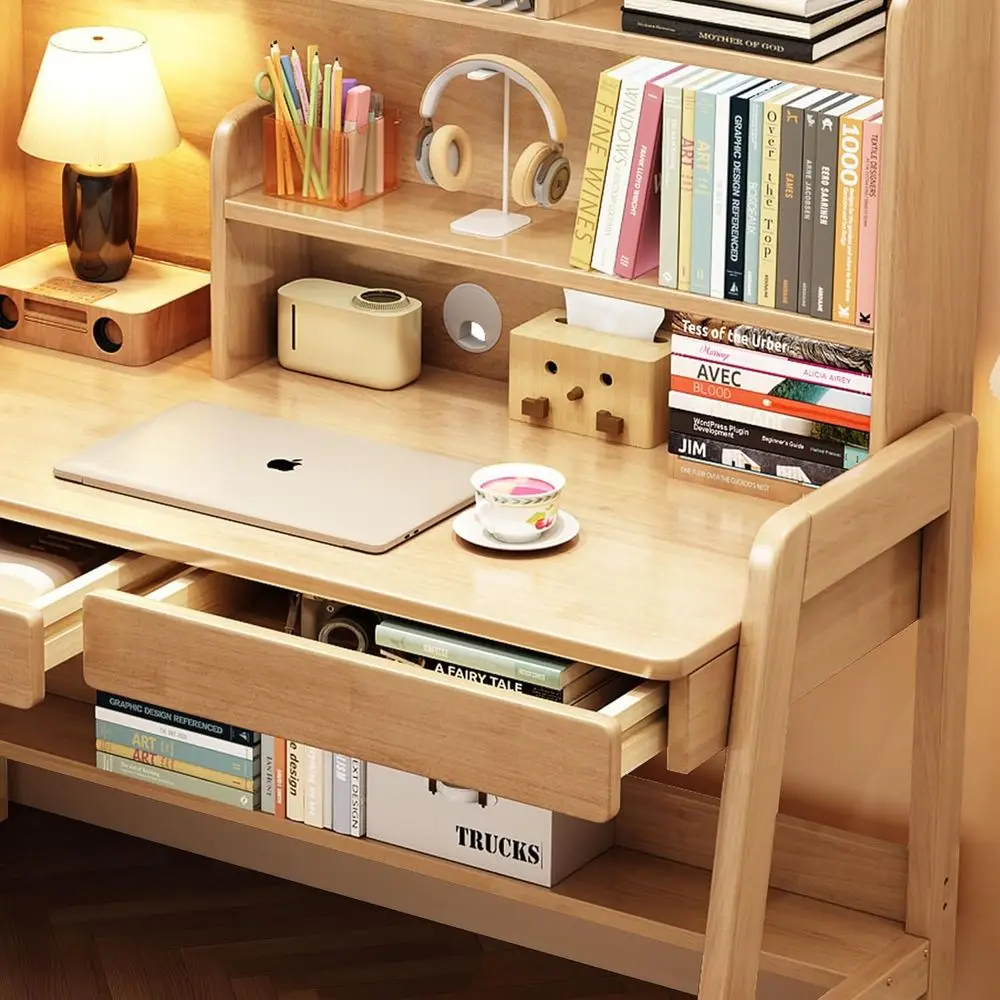 Kids Desk＆Table Wooden Children’s Study Desk with Bookshel＆Two Ders Children Study＆Writing＆Computer＆Workstation or 3 and Above