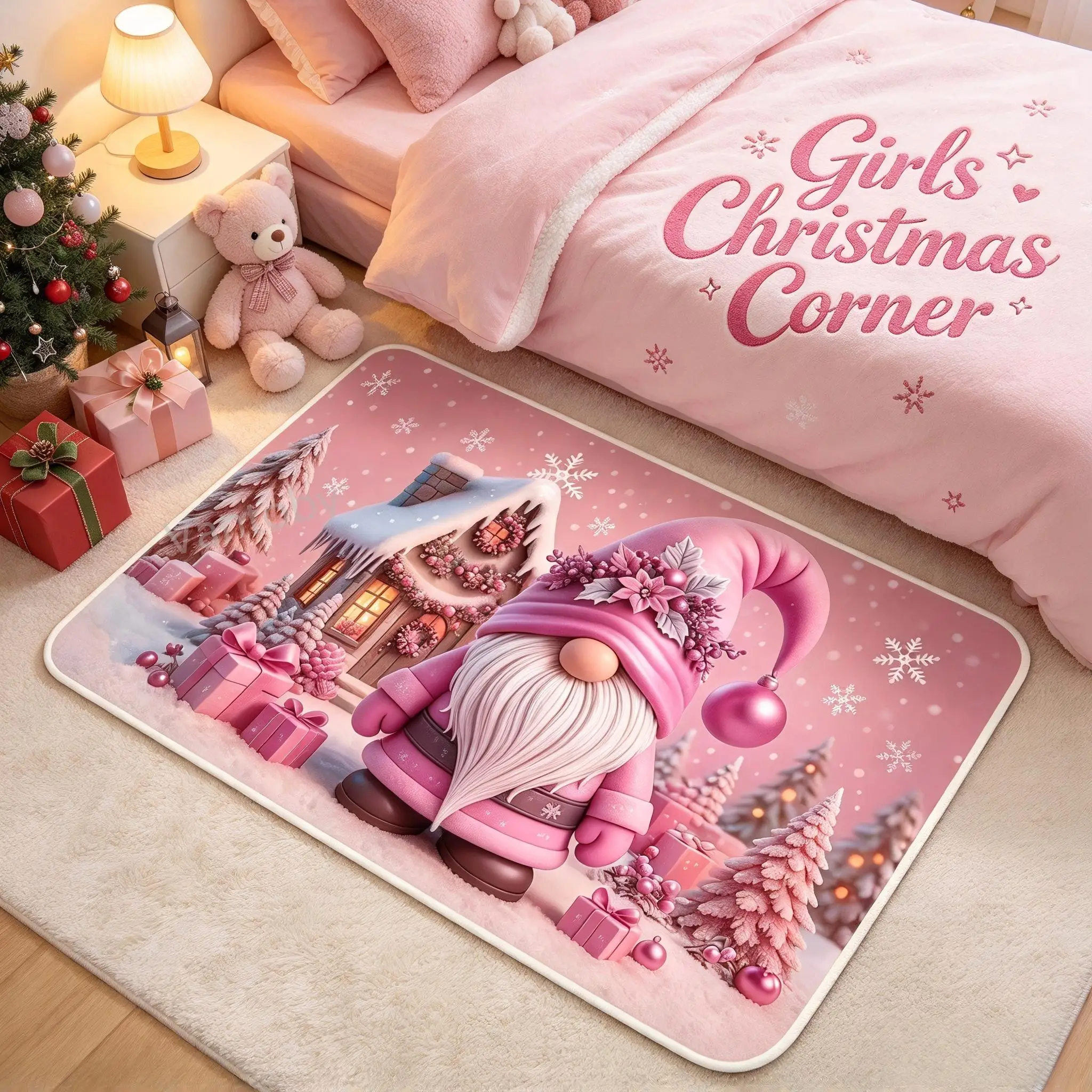 2027 Christmas Goblin Rectangular Anti Slip Floor Mat, Christmas Faceless Santa Door Mat, Pink Christmas Dwarf Carpet