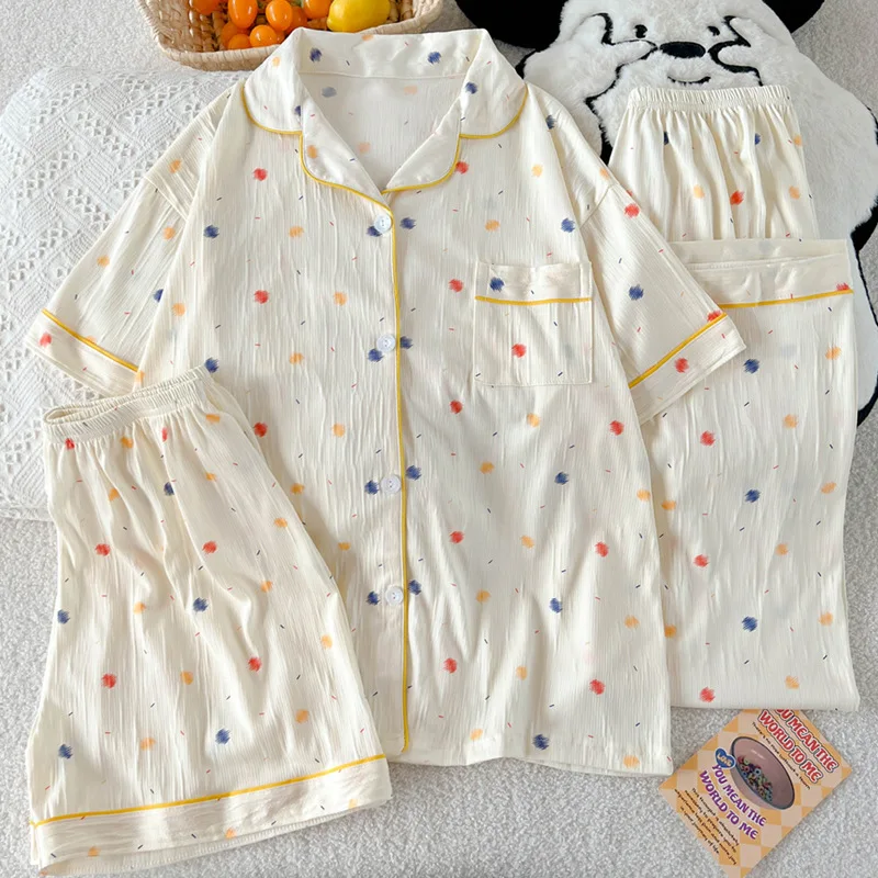 

Женский тонкий летний пижамный комплект из трех предметов с короткими рукавами, с принтом в стиле Ins, из жатой ткани, модная домашняя одежда