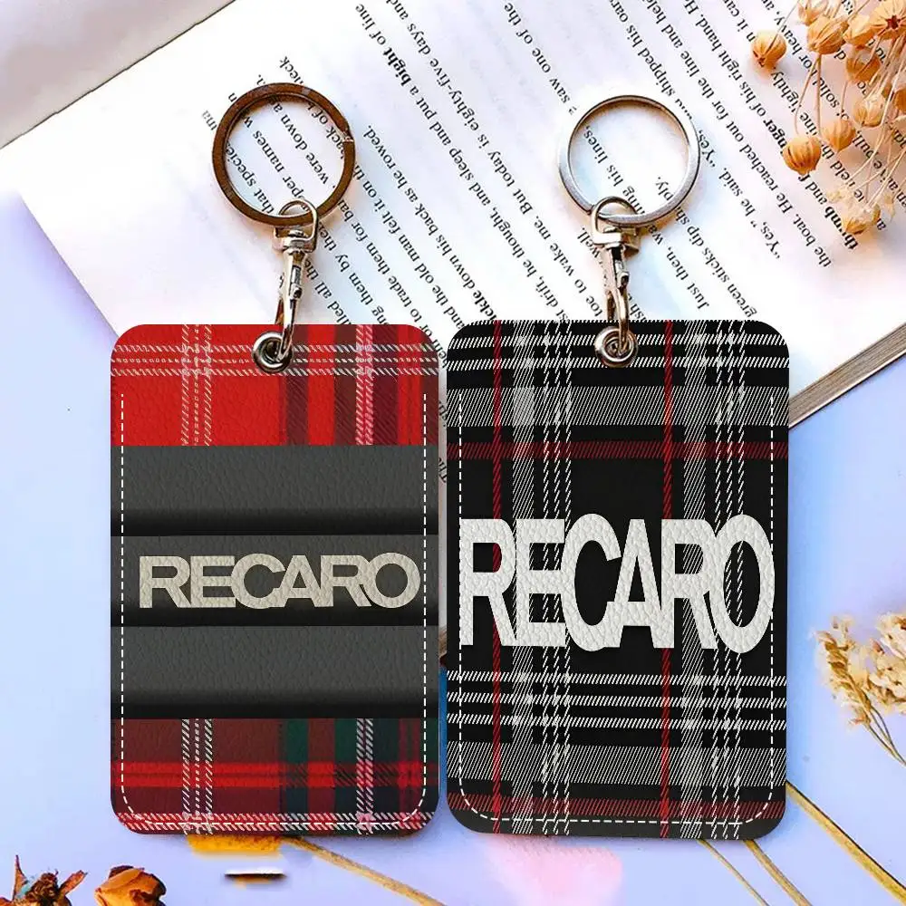 R-Recaros Logo Rectangle ID Card Case Keychain Access Card Bag Key Tag Ring Leather Card Holder Key Ring Access