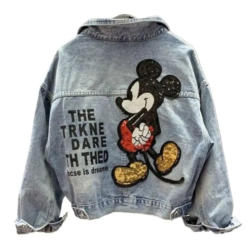 Fashion Autumn jackets for women Cotton Loose Denim Casual Cartoon Print Beaded Embroidery Destroy Wash Denim Jacket