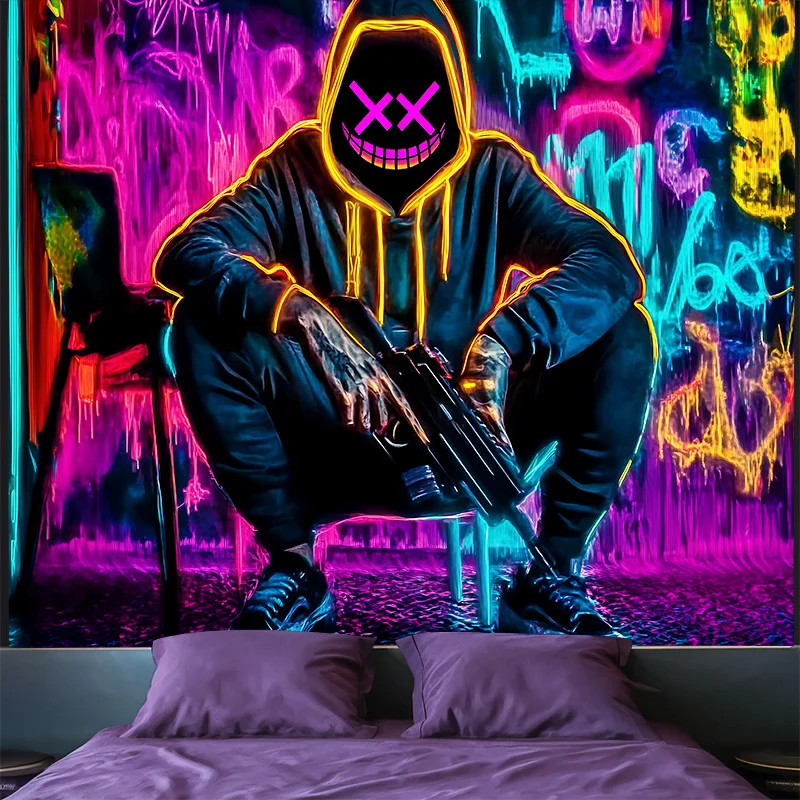 วิคามา สตรีท ทรেนดี้ ทาเพสทรี นีออน กราฟฟิตี้ สไมลี่ ชูเตอร์ ห้องนั่งเล่นทันสมัย ตกแต่งผนังห้องแบบส่วนตัว