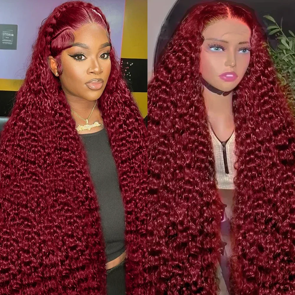 

Бордовый парик с глубокими волнами и кудрями, 13x4 HD, прозрачный кружевной фронтальный парик из натуральных волос, бразильские волосы Remy, для женщин, плотность 200%