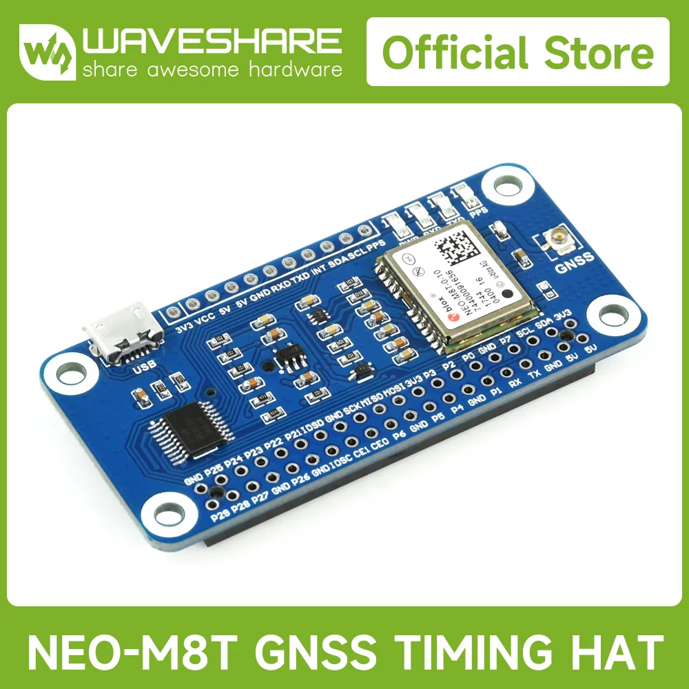 Waveshare NEO-M8T GNSS TIMING HAT for Raspberry Pi, Single-Satellite Timing, Concurrent Reception of GPS, Beidou, Galileo, GLONA