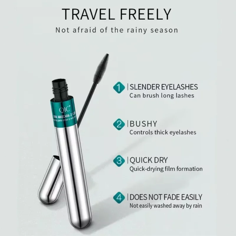 QIC Mascara impermeabile 4D a doppio effetto Arricciatura lunga Ciglia spesse naturali Mascara nero 2 in 1 2 testine