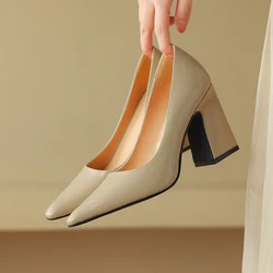 2025 New Genuine Leather Pointed Toe Thick High Heels Spring Shoes Grace Wedding Mature Shallow Slip on Comfortable Women Shoes